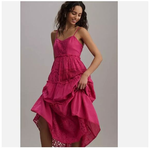 Anthropologie Bhanuni Jyoti Sleeveless Patchwork Lace Tiered Midi Dress Pink S - Picture 2 of 8